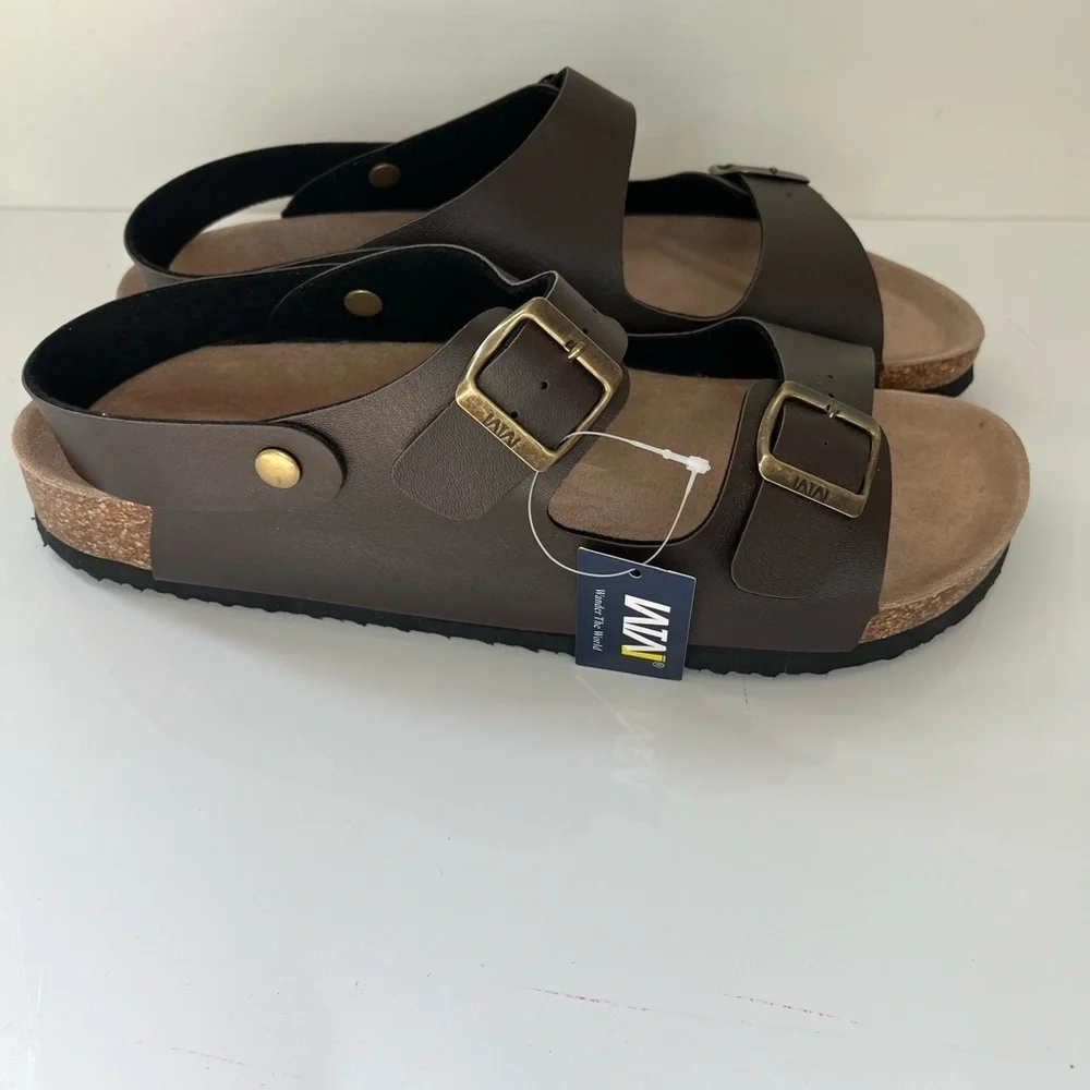 NEW Men's Size 12 Brown Leather Cork Footbed Sandals Slip on with Buckle Straps